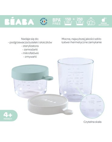 BEABA Zestaw pojemników słoiczków szklanych z hermetycznym zamknięciem 150 + 250 ml airy green i light mist