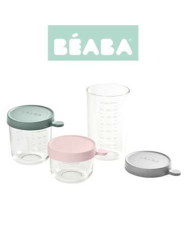 BEABA Zestaw pojemników słoiczków szklanych z hermetycznym zamknięciem 150 + 250 + 400 ml pink, eucalyptus green i light mist
