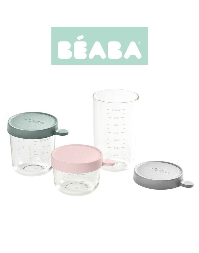 BEABA Zestaw pojemników słoiczków szklanych z hermetycznym zamknięciem 150 + 250 + 400 ml pink, eucalyptus green i light mist Be