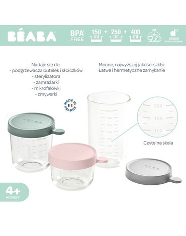 BEABA Zestaw pojemników słoiczków szklanych z hermetycznym zamknięciem 150 + 250 + 400 ml pink, eucalyptus green i light mist