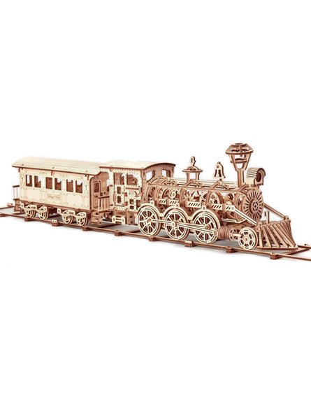 Wood Trick - Mechaniczne puzzle 3D – Duża lokomotywa R17 z wagonem i torami
