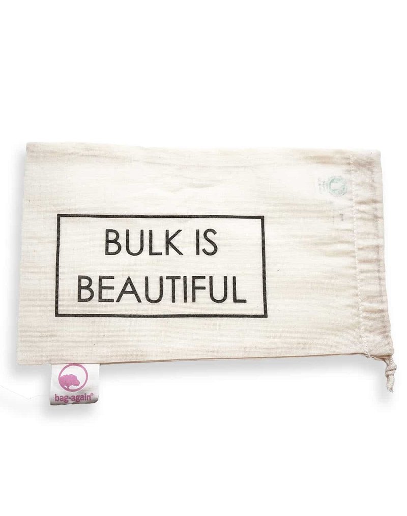 Bag-again, Worek z organicznej bawełny z nadrukiem "BULK IS BEAUTIFUL", 15 x 25 cm BAG-AGAIN