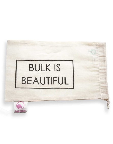 Bag-again, Worek z organicznej bawełny z nadrukiem "BULK IS BEAUTIFUL", 15 x 25 cm