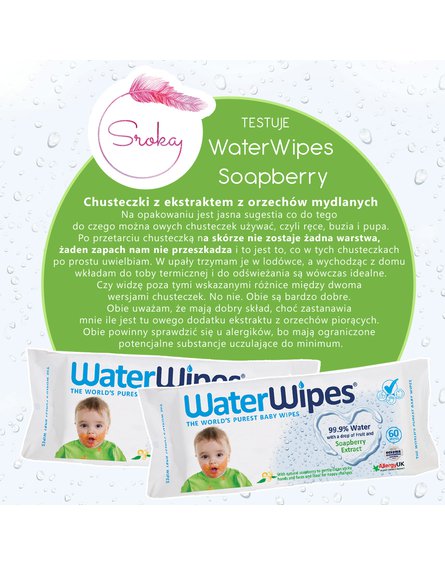 WaterWipes, Chusteczki nasączane czystą wodą, Soapberry (z dodatkiem wyciągu  z orzechów mydlanych), 60szt. PL