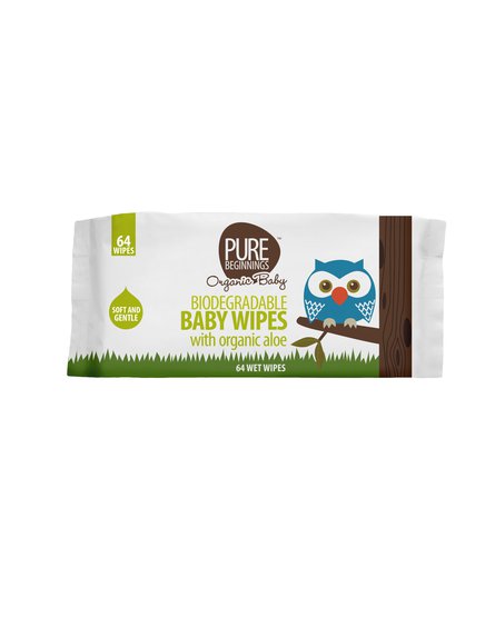 Pure Beginnings Organic Baby, Biodegradowalne chusteczki nawilżane z organicznym aloesem, 64szt.