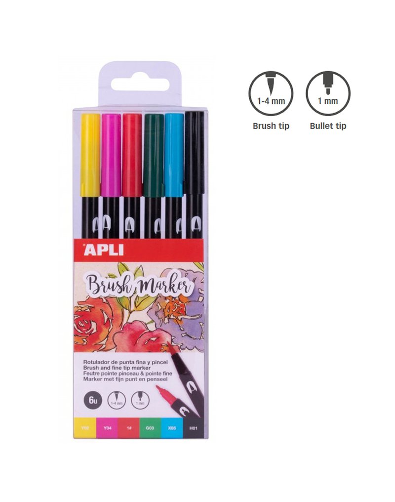 Apli Kids - Markery dwustronne Brush Marker Apli - 6 kolorów