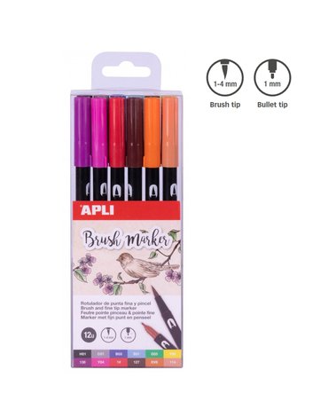 Apli Kids - Markery dwustronne Brush Marker Apli - 12 kolorów