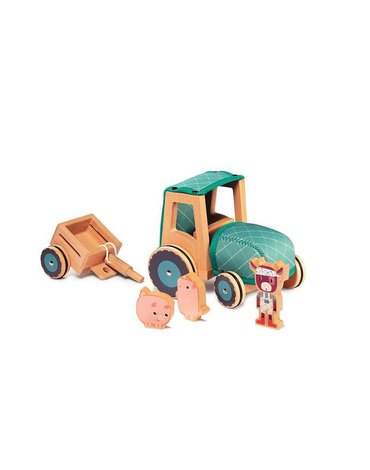 LILLIPUTIENS Drewniany traktor z przyczepą i 2 świnkami Krówka Rosalie 2 lata+ Lilliputiens