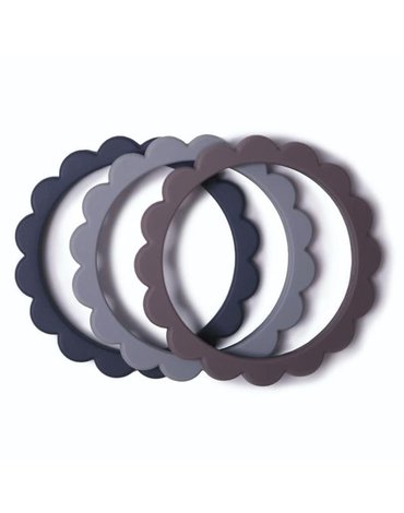 Mushie - 3 gryzaki silikonowe bransoletki FLOWER Dove Gray/Steel/Stone