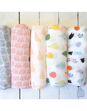 Muślinowy otulacz dla niemowlaka, Wszystko dla maluszka - różowy kot | Maison Petit Jour®