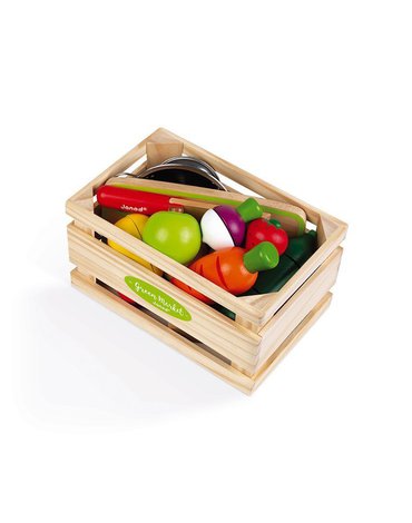 Drewniana skrzynka z warzywami i owocami do krojenia oraz akcesoriami 23 elementy, Janod
