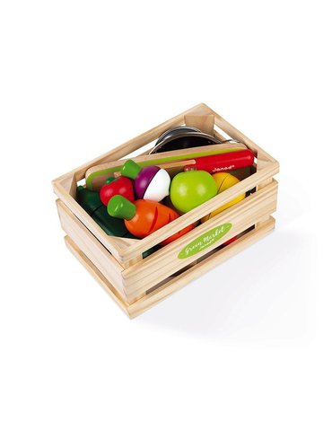 Drewniana skrzynka z warzywami i owocami do krojenia oraz akcesoriami 23 elementy, Janod