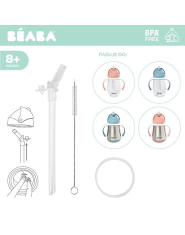 Beaba Zestaw akcesoriów: słomka, czyścik i uszczelka do butelek - kubków niekapków stalowych 250 ml i tritanowych 300 ml