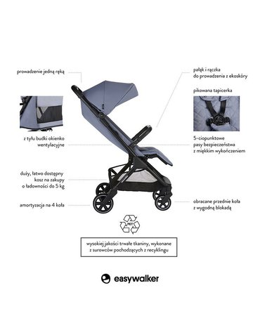 Easywalker Jackey Kompaktowy, samoskładający się wózek spacerowy z torbą transportową Steel Grey