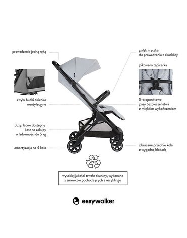 Easywalker Jackey Kompaktowy, samoskładający się wózek spacerowy z torbą transportową Pebble Grey