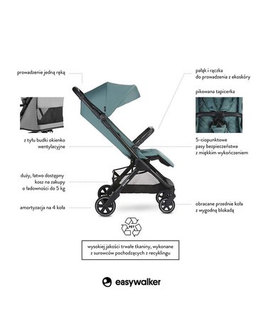 Easywalker Jackey Kompaktowy, samoskładający się wózek spacerowy z torbą transportową Forest Green