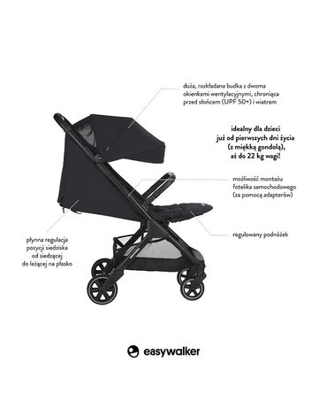 Easywalker Jackey Kompaktowy, samoskładający się wózek spacerowy z torbą transportową Shadow Black