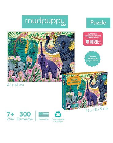 Mudpuppy Puzzle edukacyjne Zagrożone gatunki Słonie azjatyckie 300 elementów 7+