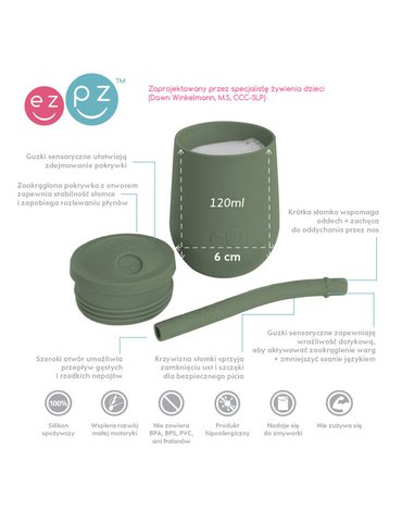 EZPZ Silikonowy kubeczek ze słomką Mini Cup + Straw Training System 120 ml oliwkowy