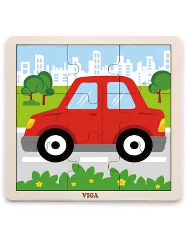 Viga Toys - VIGA Poręczne Drewniane Puzzle Samochód  Auto 9 elementów