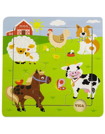 Viga Toys - VIGA Poręczne Drewniane Puzzle Farma 9 elementów