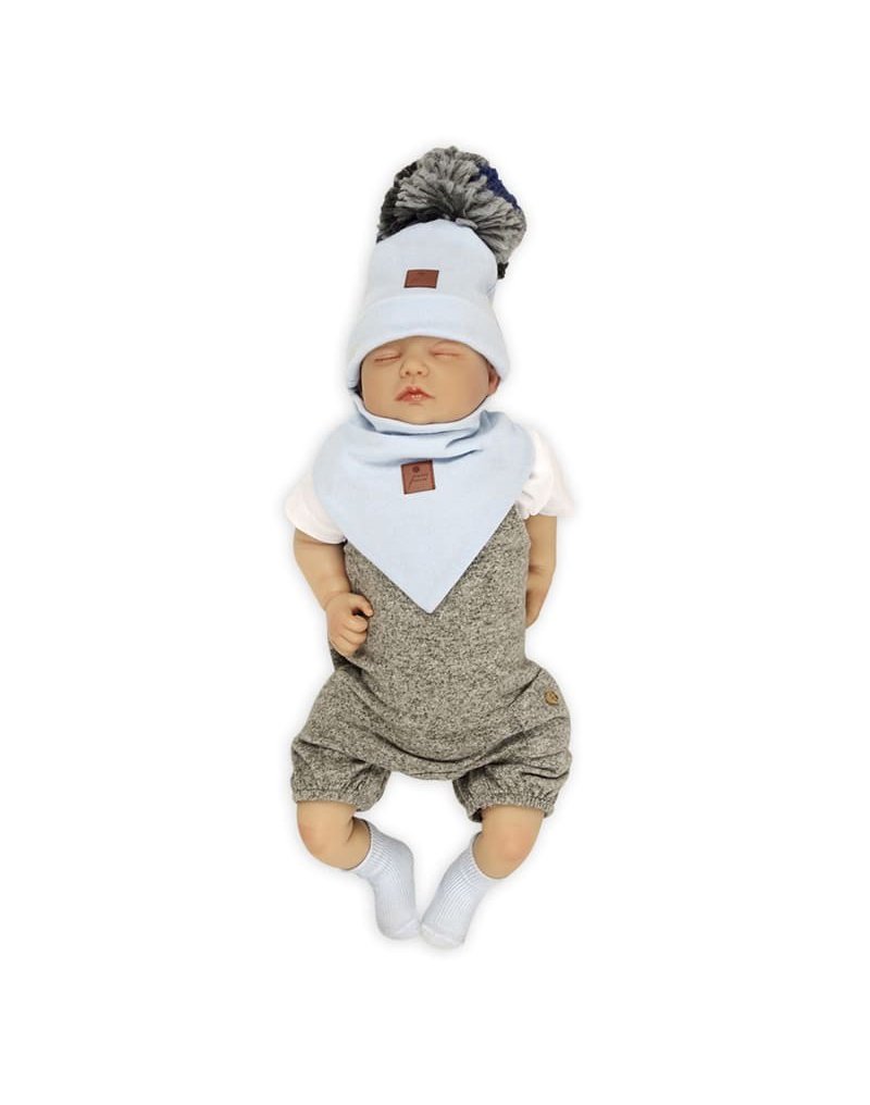Pom Pom - komplet niemowlęcy czapka z bandanką ALPACA BOHO Baby blue S pom pom