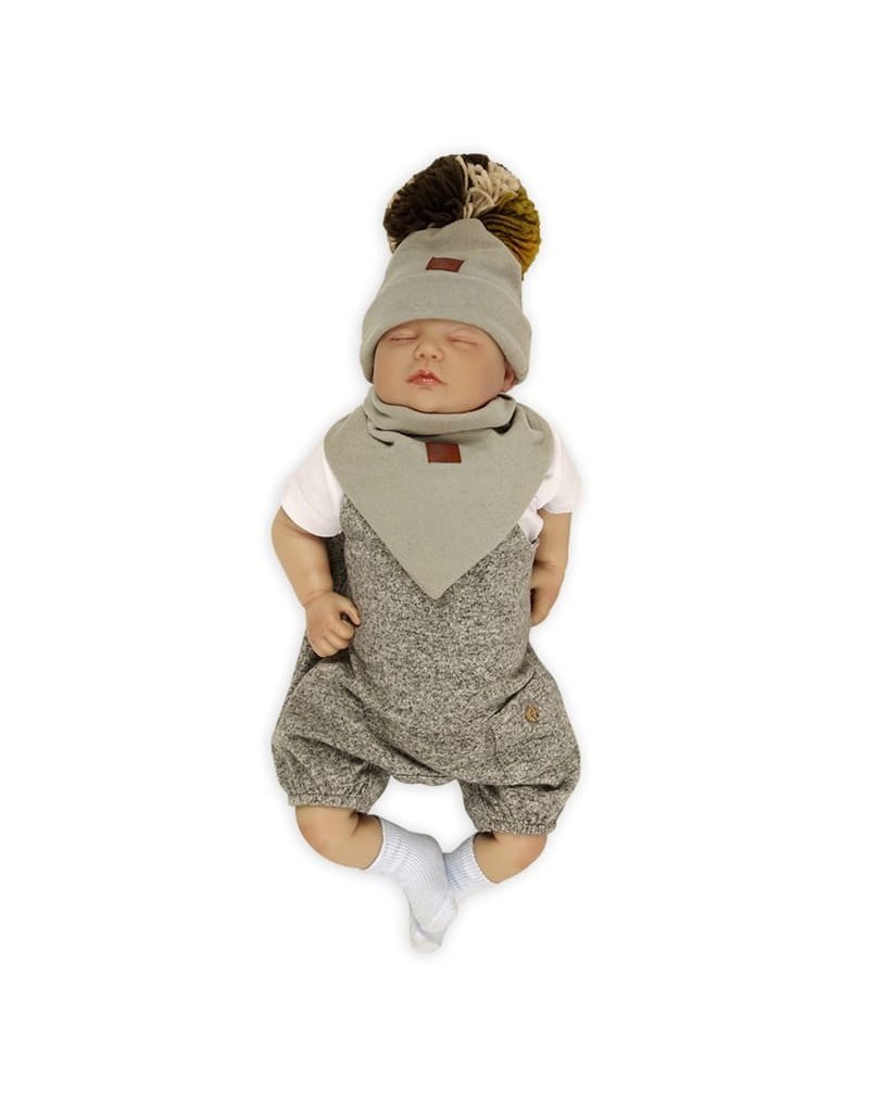Pom Pom - komplet niemowlęcy czapka z bandanką ALPACA BOHO Sage S pom pom
