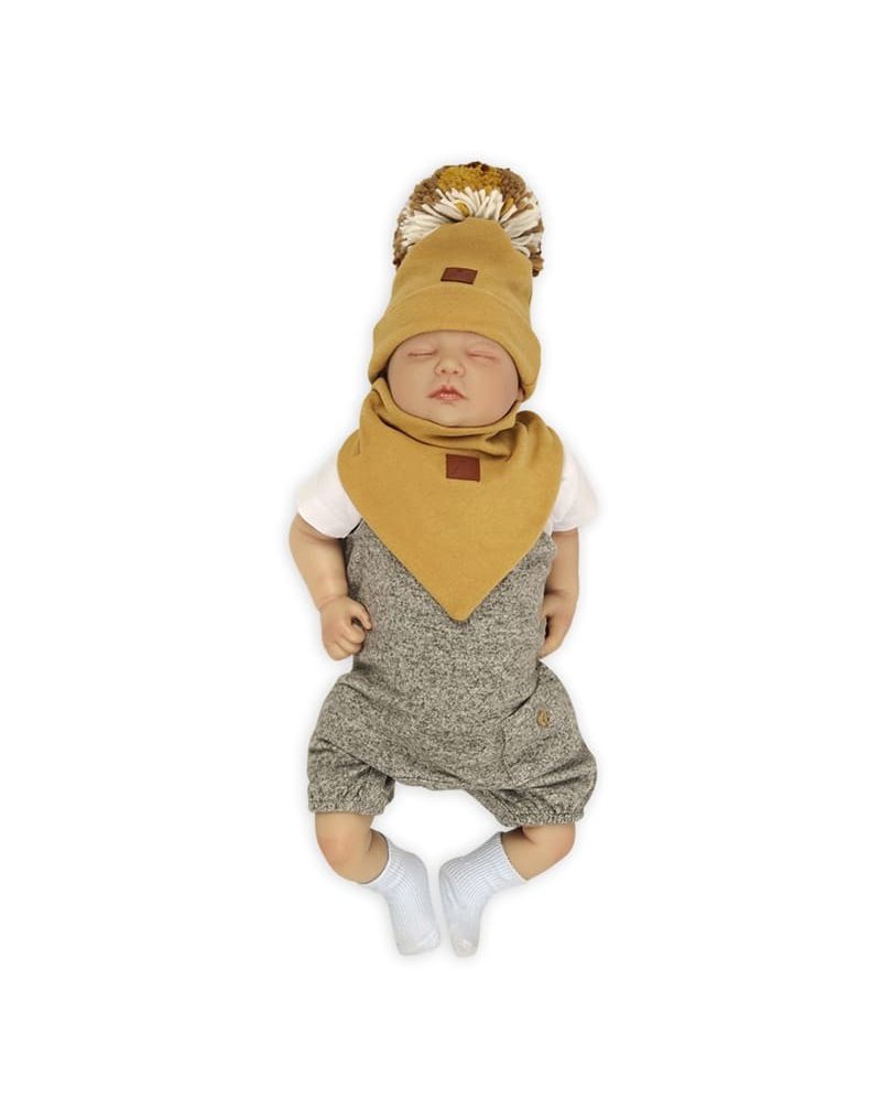 Pom Pom - komplet niemowlęcy czapka z bandanką ALPACA BOHO Mustard S pom pom