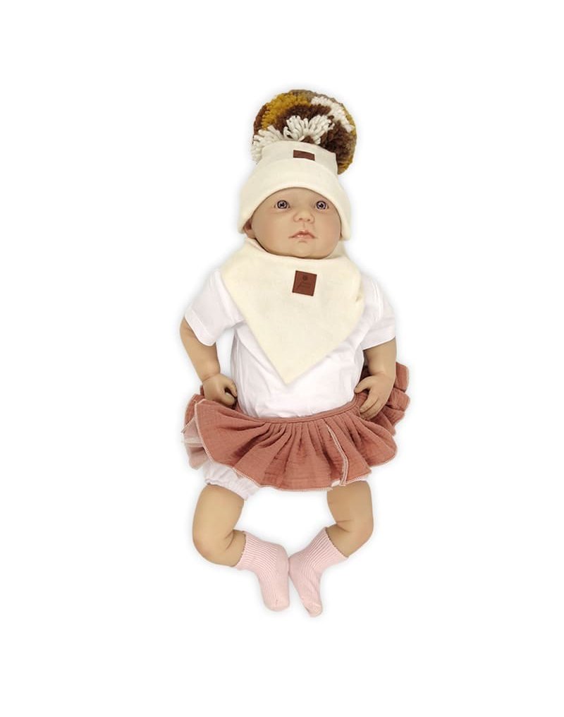 Pom Pom - komplet niemowlęcy czapka z bandanką ALPACA BOHO Ivory S pom pom