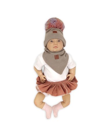 Pom Pom - komplet niemowlęcy czapka z bandanką ALPACA BOHO Cafe Latte_Pink S