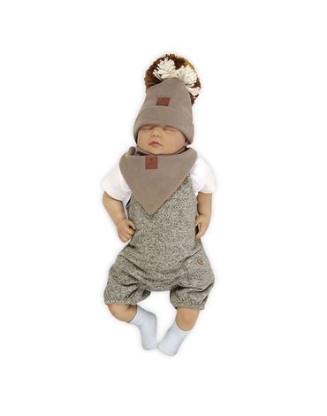 Pom Pom - komplet niemowlęcy czapka z bandanką ALPACA BOHO Cafe Latte & Brown S