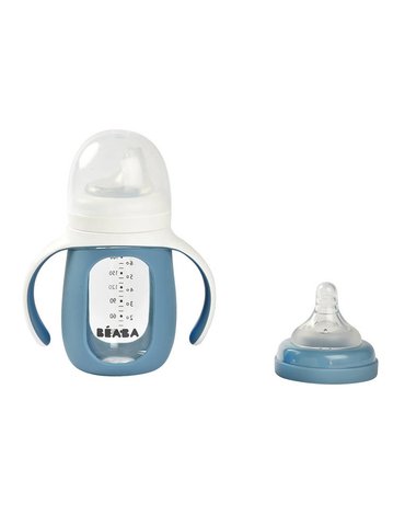 Beaba Szklana butelka treningowa w silikonowej osłonce 2w1 210 ml Windy blue