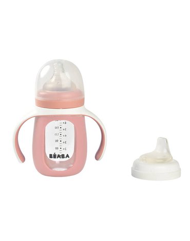 Beaba Szklana butelka treningowa w silikonowej osłonce 2w1 210 ml Old pink