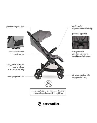 Easywalker Jackey Kompaktowy, samoskładający się wózek spacerowy z torbą transportową Marble Grey