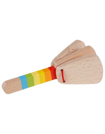 Goki - Tęczowy kastaniet z rączką - drewniany instrument dla dziecka