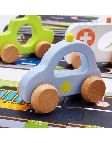 TOOKY TOY Zestaw Droga Puzzle dla Dzieci Autostrada Makieta 21 el. Certyfikat FSC + 6 Pojazdów Drewnianych Tooky Toy