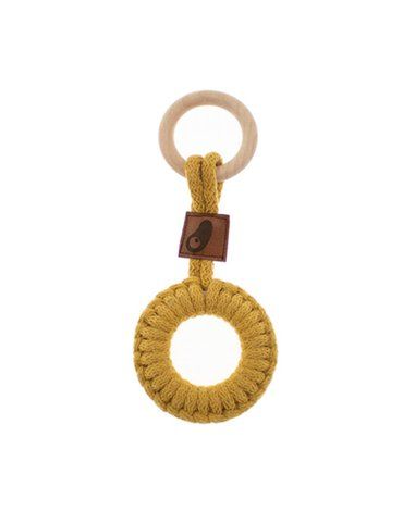 Hi Little One - gryzak sznurkowy 2w1 2 Rings Teether wood and cotton Mustard