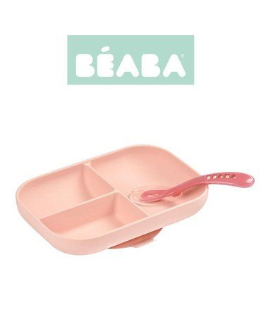 Beaba Komplet naczyń z silikonu trójdzielny talerz z przyssawką + łyżeczka Pink