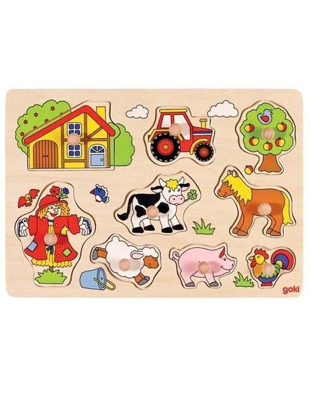 Goki® - Drewniana układanka z uchwytami, puzzle – motyw Farma, Goki 57995